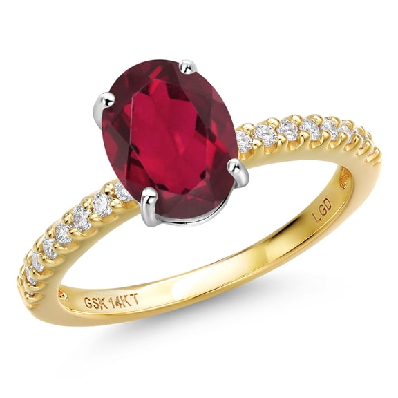Gem Stone King 14K Two Tone Gold Ruby Red Mystic Quartz and Lab Grown Diamond Engagement Ring for Women | 1.96 Cttw | Oval 9X7MM | Gemstone Birthstone | Size 7