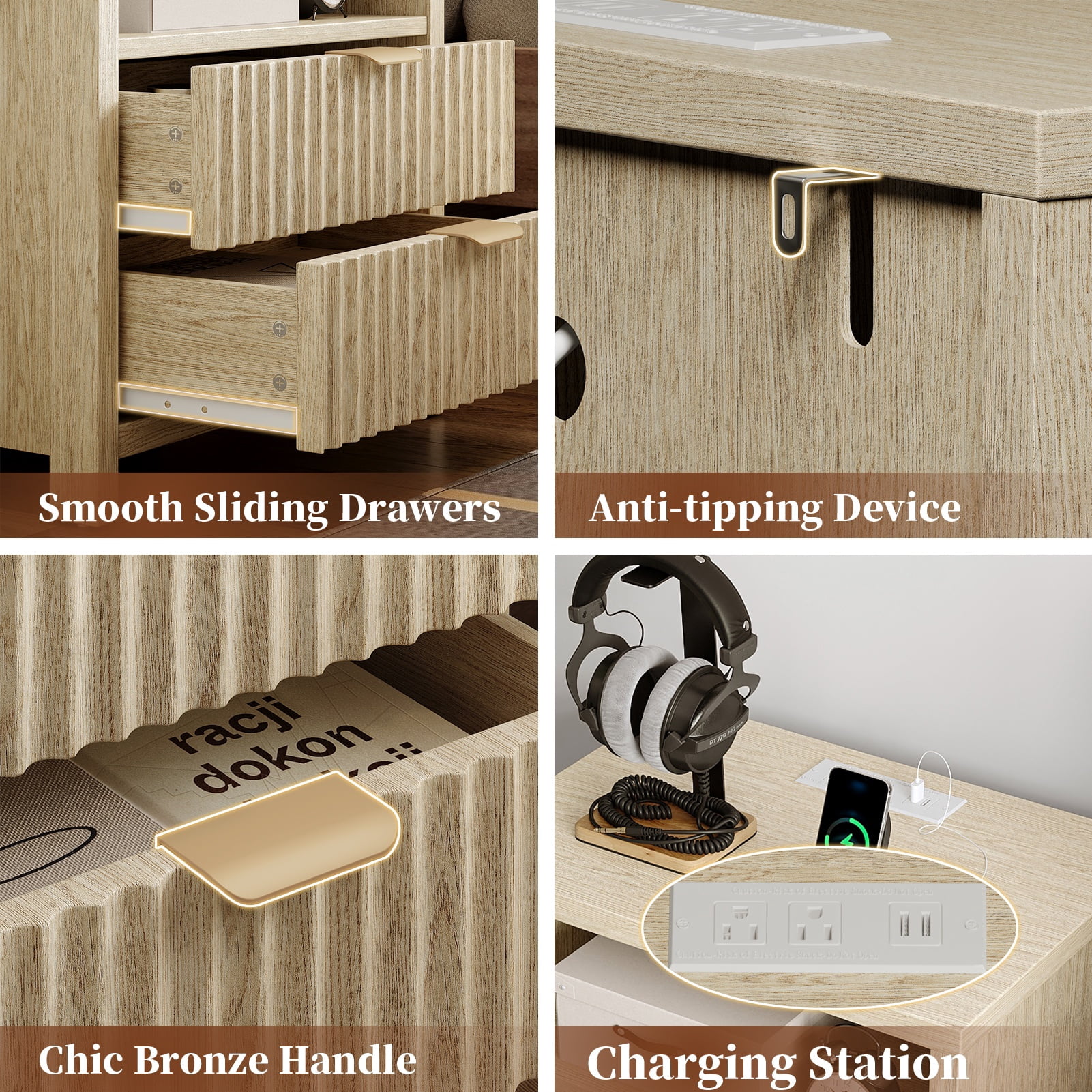 Satifur Modern Fluted Nightstand with Charging Station & 2 Storage Drawer for Bedroom,Light Oak Grain