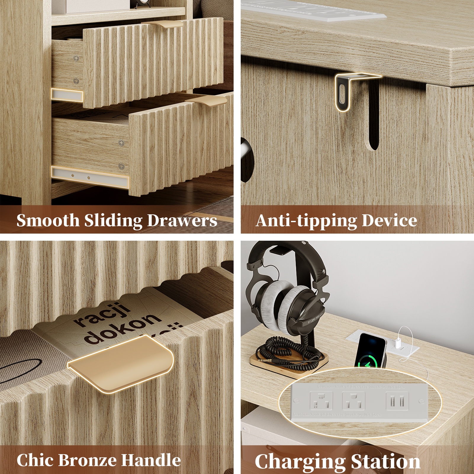 Satifur Modern Fluted Nightstand with Charging Station, Oak photo 5