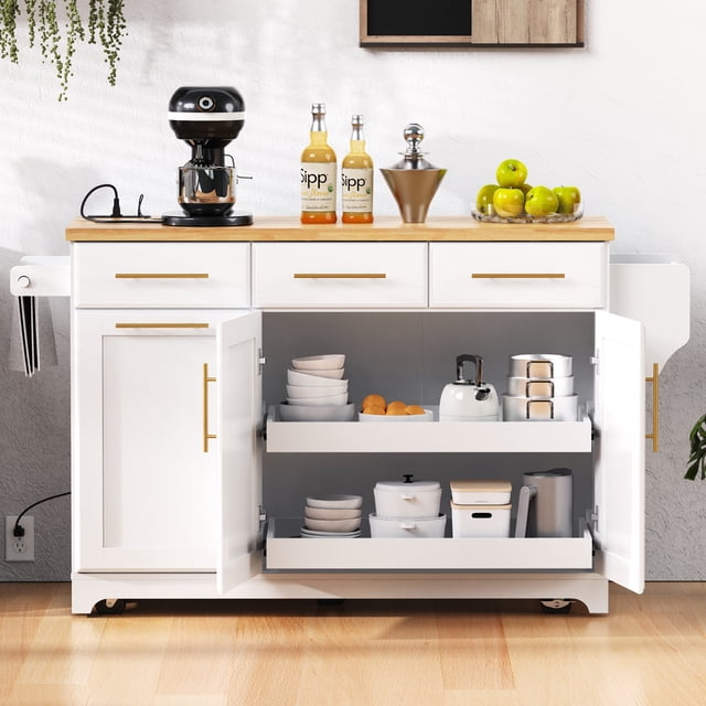K&K 59.3" Kitchen Island with Storage 2 Pull Out Cabinet Organizers & Rubber Wood Drop Leaf, Rolling Kitchen Island with Trash Can Storage, Power Outlet, Spice & Towel Rack for Kitchen, Dining, White