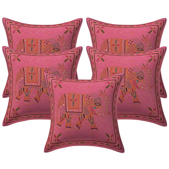 Stylo Culture Indian Decorative Throw Pillow Covers 16 x 16 Gold Thread Embroidered Pink Ethnic 40cm x 40cm Home Decor Cotton Elephant Square Cushion Covers | Set Of 5