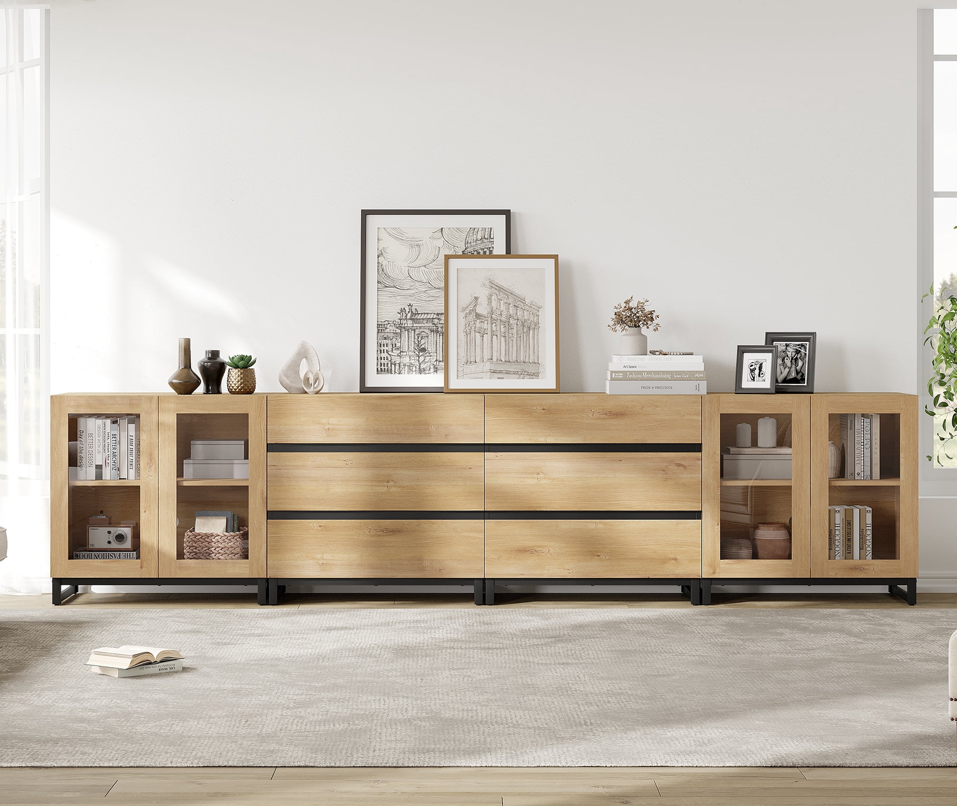 4 In 1 Multifunctional Chest of Drawers, Glass Door Dresser with 6 Drawers and Adjustable Shelves, Home Storage Cabinet Organizer for Bedroom,Oak