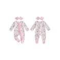 thumbnail image 2 of BemeyourBBs Newborn Baby Girl Duck Goose Outfit Infant Baby Girl Spring Summer Fall Winter Clothes Footed Romper Cute Duck Flower Bow Print Ruffled Trim Zipper Long Sleeve Footie Jumpsuit Headband, 2 of 9