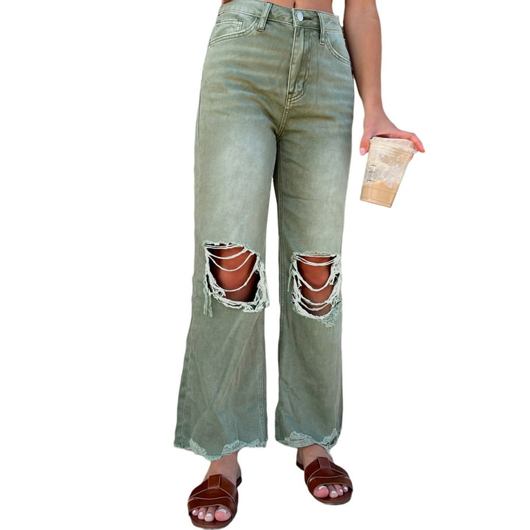 Sunisery Women's Bell Bottom Jeans High Waisted Ripped Jeans Denim Pants  Streetwear,S/M/L 