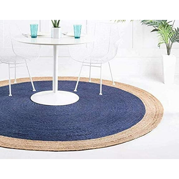Ripaz Vogue Jute Rug Round Hand Woven Jute Area Rug, Blue with Beige Border (2x2 Ft)