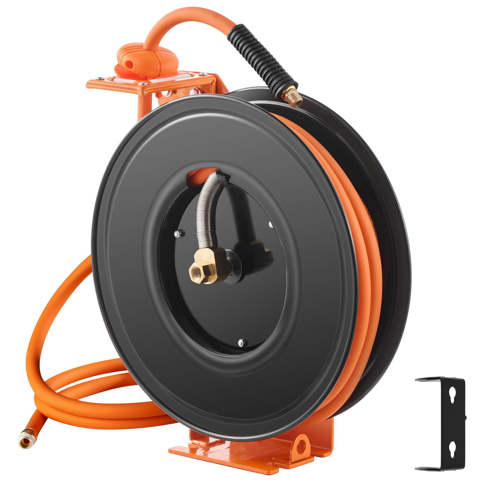 Chateauy Retractable Air Hose Reel, 3/8" x 50FT Rubber Hose 300PSI, 5FT Lead-in 180° Swivel Bracket Single Arm Reel