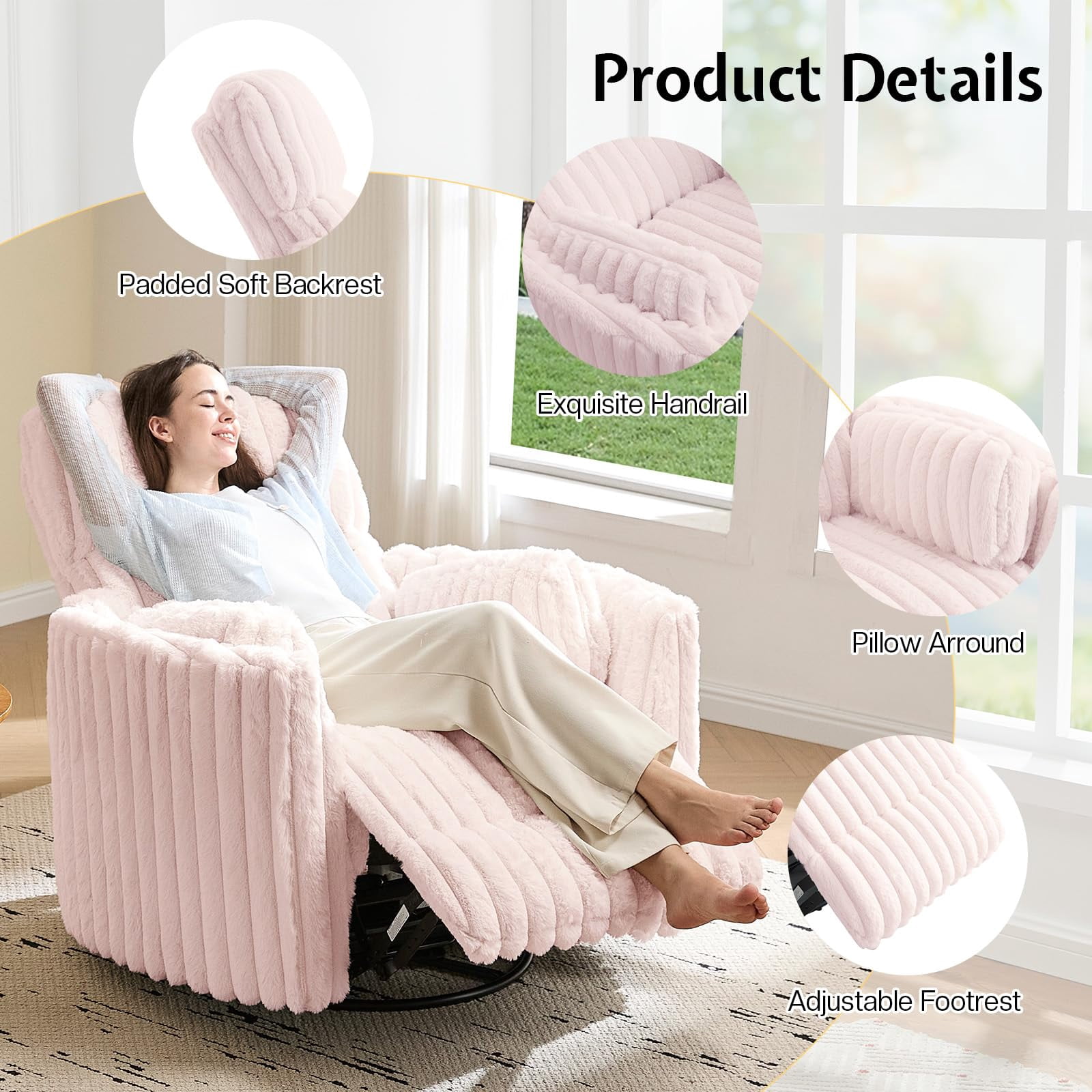 Papajet Power Recliner Nursery Chair for Adults, Electric Swivel Rocking Glider with USB & Type-C for Living Room, Bedroom, Light Pink