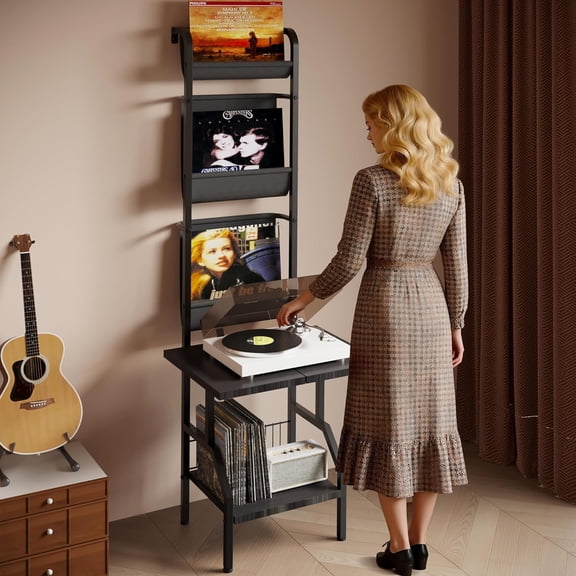 Record Player Stand with Vinyl Storage, Record Player Table Holds up to 200 Albums, 5-Tier Turntable Stand for Living Room, Black