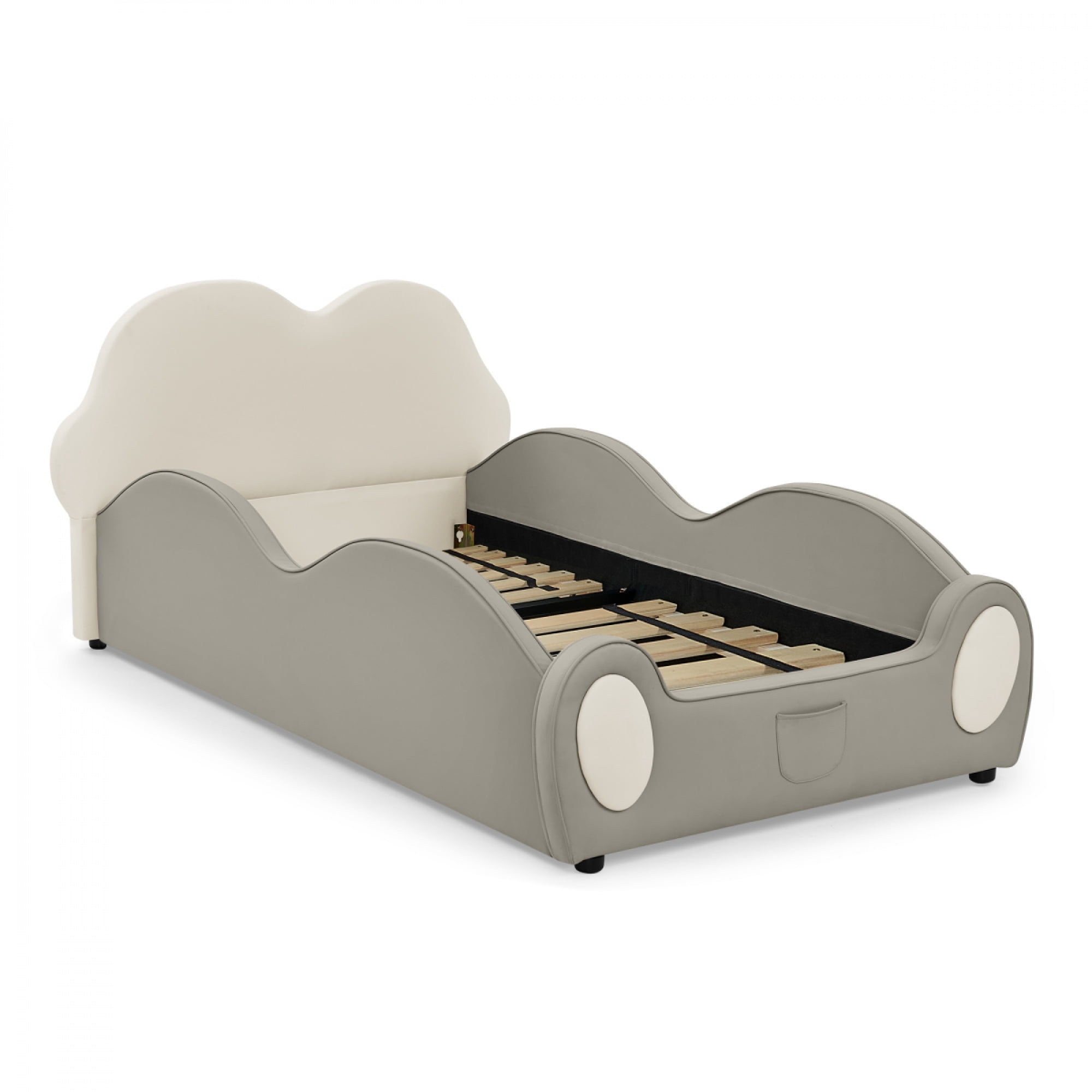 Twin Size Cute Cloud Shape PU Leather Bed with Guardrails, Safety Toddler Bed with Cartoon and Storage Pocket,Beige + Grey
