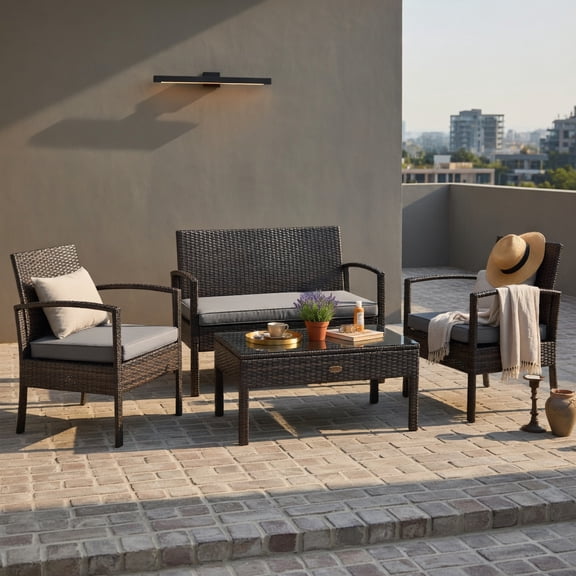 Hommoo 4-Piece Outdoor Rattan Patio Furniture Set, PE Wicker Loveseat, 2 Armchairs, and Coffee Table with Removable Cushions, Brown