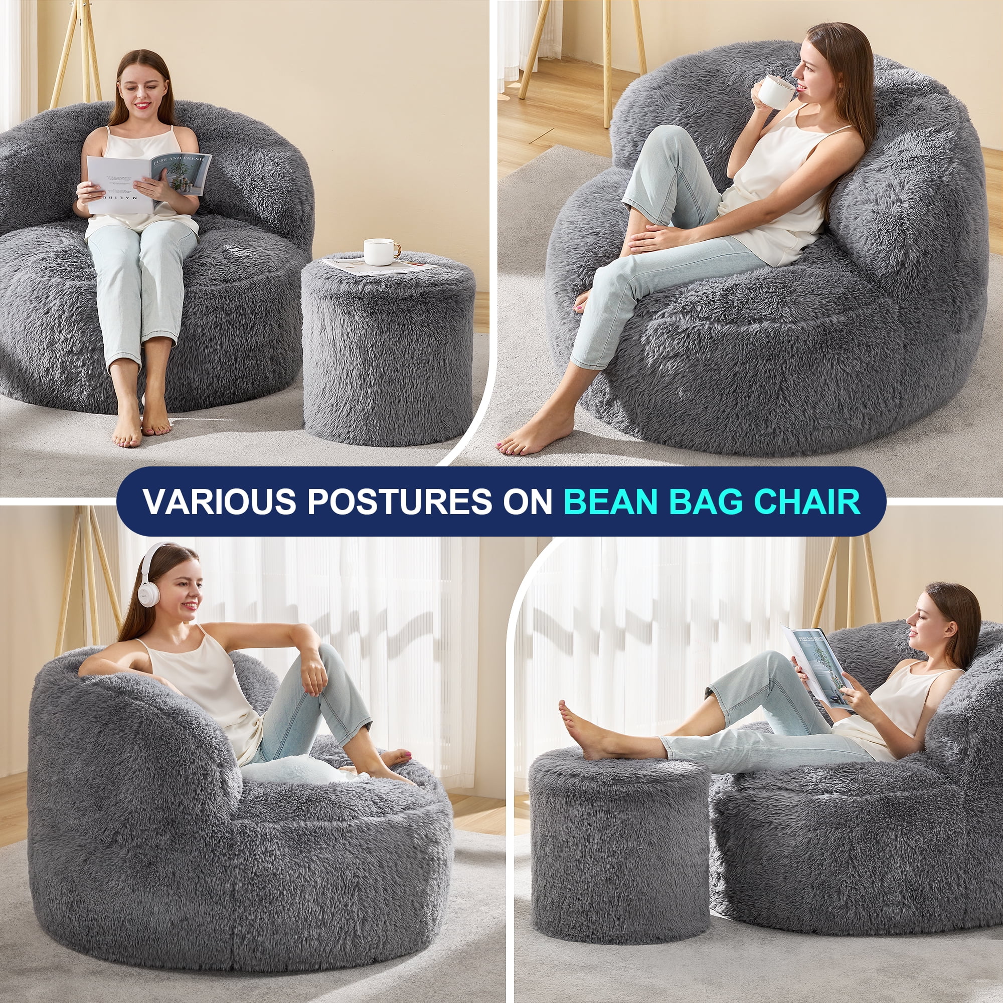 Hobestluk Bean Bag Chair Giant Bean Bag Chairs for Adults Big Adult Bean Bag Chair with Foam Filler Large Beanbags with Stuffed Back Lazy Sofa, Grey-Oversize