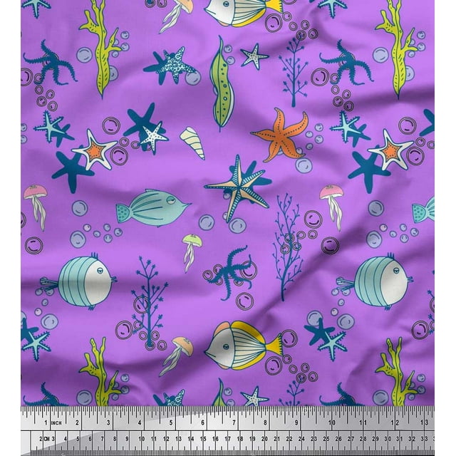 Soimoi Poly Georgette Fabric Fish,Coral & Starfish Ocean Printed Fabric 1 Yard 52 Inch Wide
