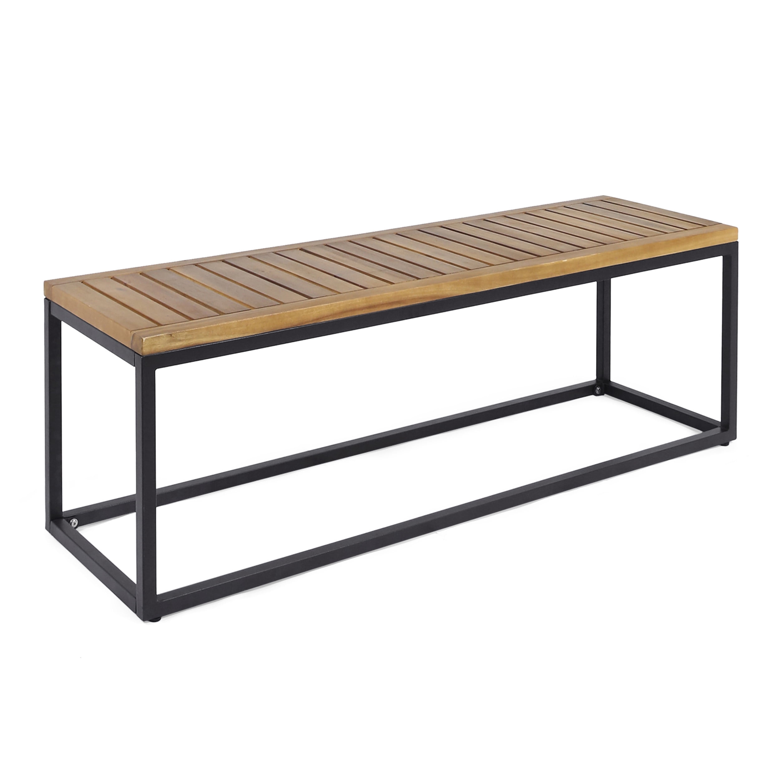 Outdoor Industrial Style Leisure Bench, Wood and Metal Combined Rest Seat for Patio Garden, Teak and Black