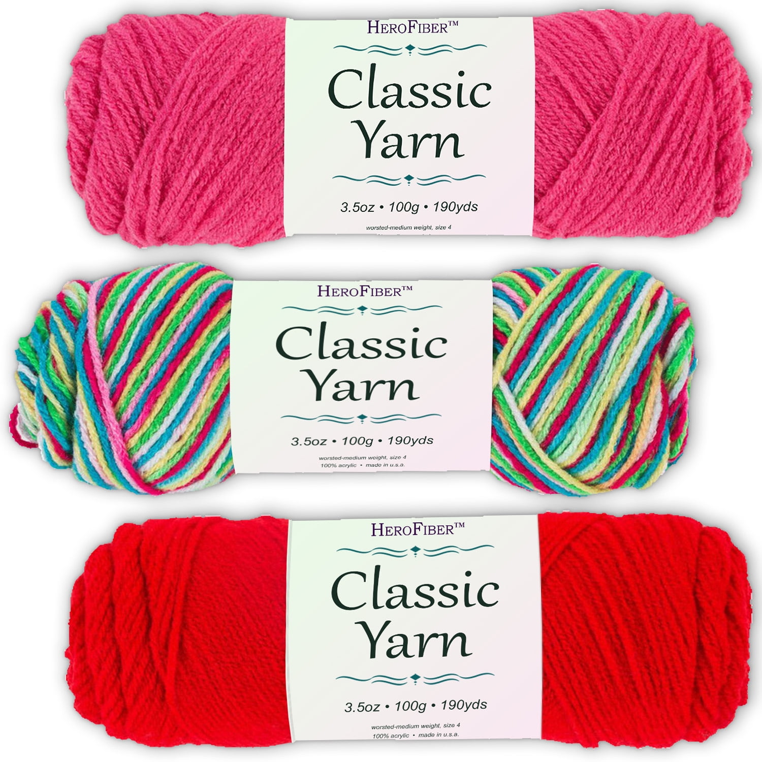 Soft Acrylic Yarn 3Pack, 3.5oz / ball, Red Grenadine + Blend Rainbow