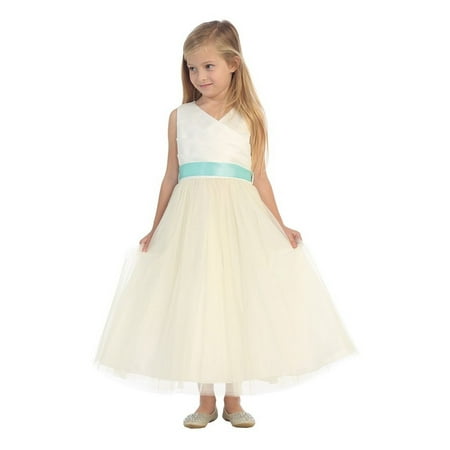 Little Girls Ivory Aqua Sash Illusion Over Satin Flower Girl