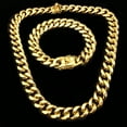 thumbnail image 2 of Men's 24K Gold Plated  Over Stainless Steel 14 mm Miami Cuban 8.5" Bracelet & 18"  Choker Chain Set, 2 of 9