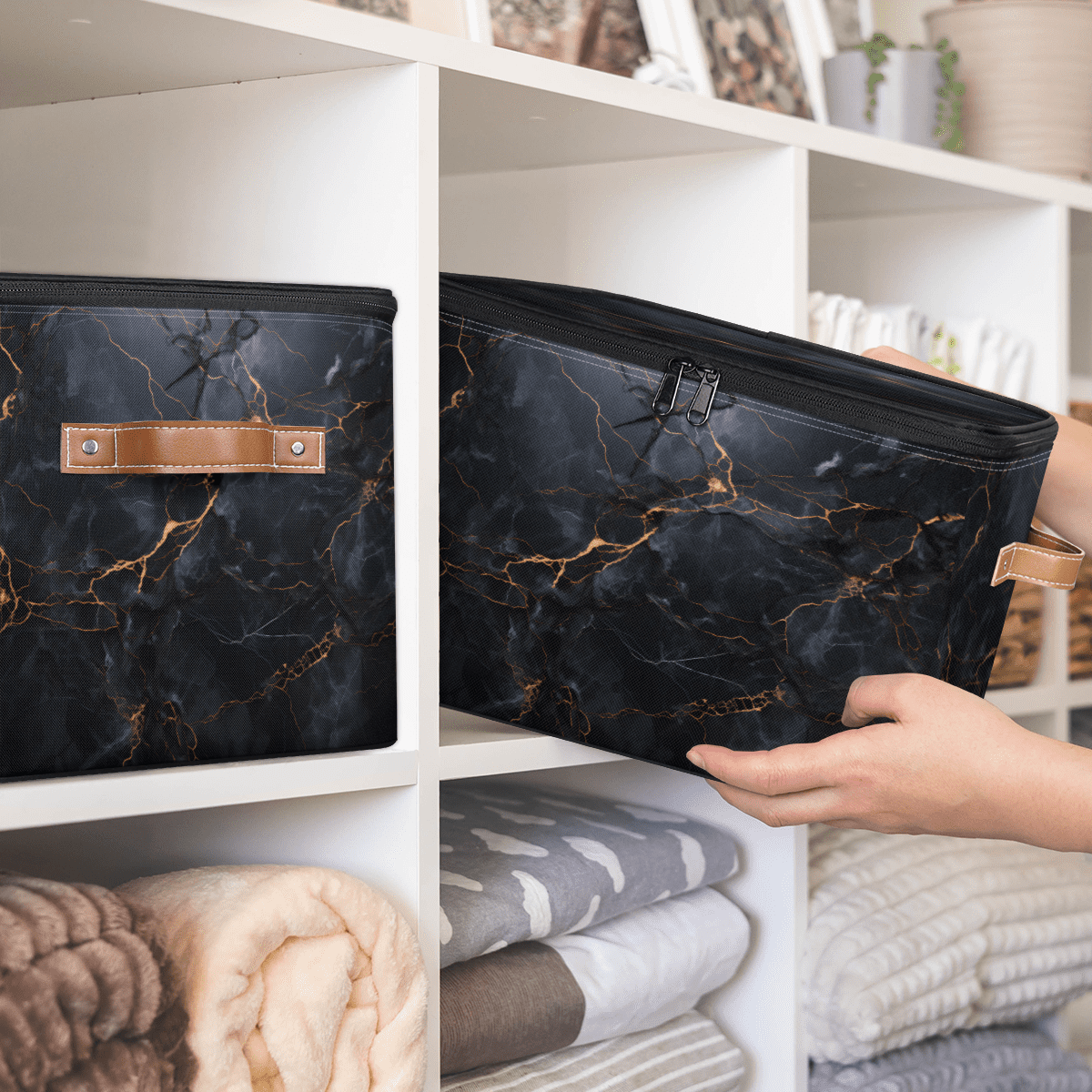 ADECORIVY Marble Black Storage Bin with Zipper Lid, Fabric Storage Baskets Boxes with Handles, Decorative Clothes Organizer Containers for Shelves, Wardrobe, Closet