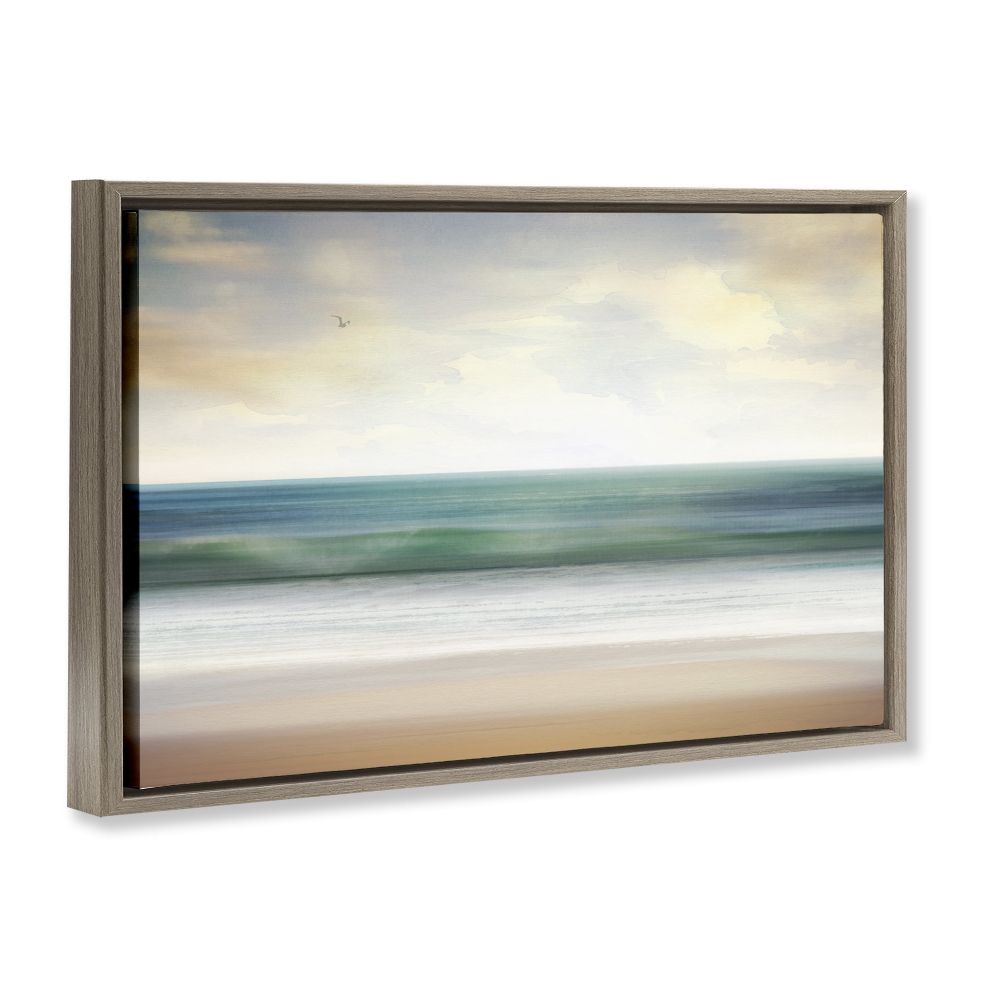 Stupell Industries Lone Seagull Over Beach Landscape Painting Brown Floater Framed Canvas Art Print Wall Art, 25 x 17