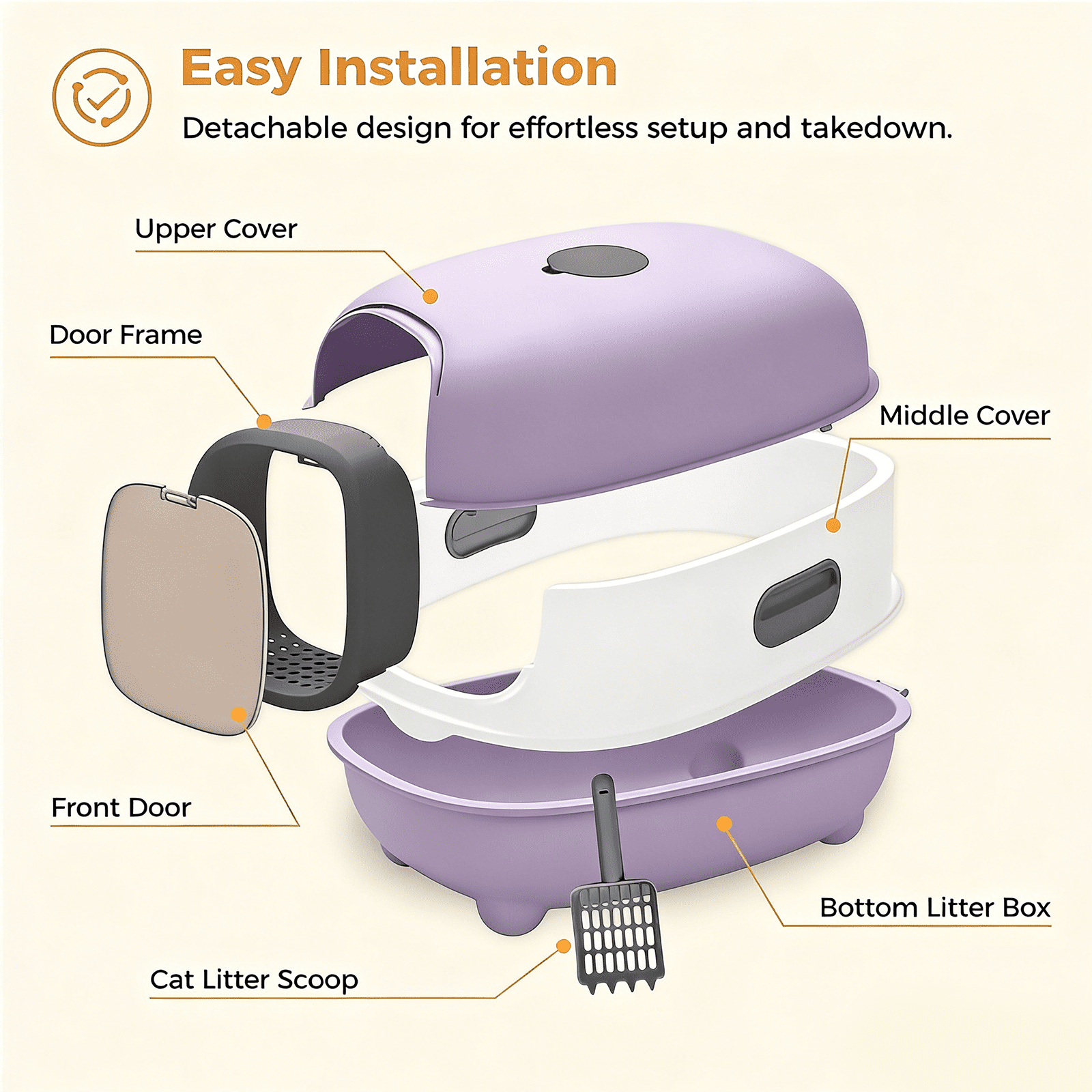 Fully enclosed purple cat litter box, comes with a cat litter scoop, smooth material, suitable for medium and small-sized cats