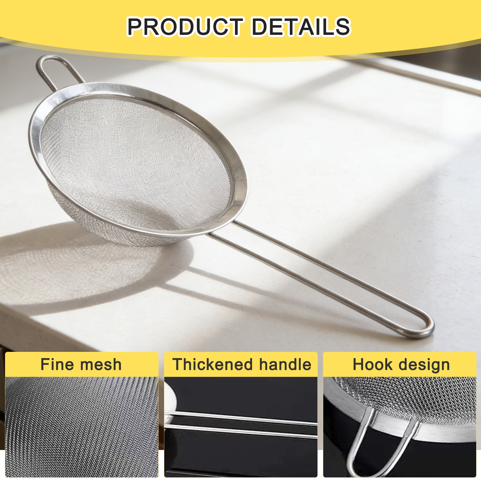 3 Pack Stainless Steel Fine Mesh Strainers, 4/6/8 Inch Kitchen Sieve Colander Set with Handle Hook, Food Strainer for Flour Juice Fruits Cooking