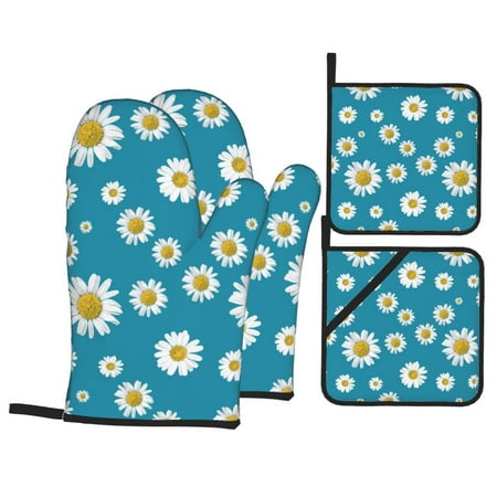 

Oven Mitts and Pot Holders 4 pcs Set Daisies Flowers Blue Heat Resistant Pot Holders Oven Mitts for kitchen Non-Slip Hanging Loop Oven Glove Potholders for Baking Cooking