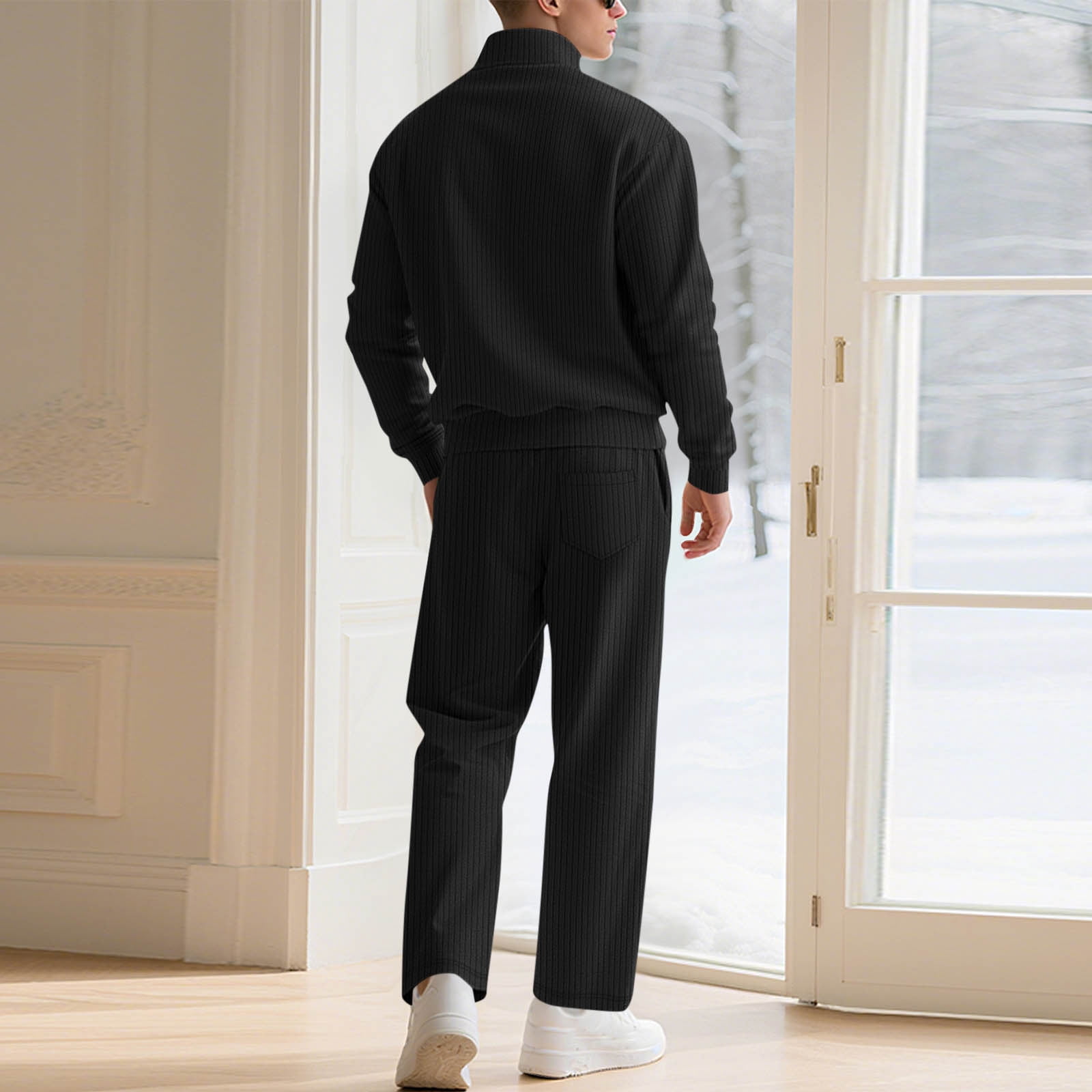 Men's Ribbed Tracksuit Sets Casual Stand Collar Sweatshirt and Straight Leg Sweatpants Suits