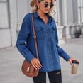 thumbnail image 4 of Defitshape Women's Long Sleeve Denim Button Down Shirt Top Soft Shirt Western Button Up Casual Split Spring Outerwear Dark Blue Large, 4 of 4