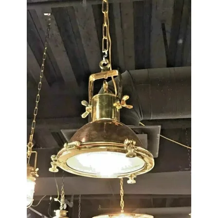 Vintage Industrial Brass & Copper Pendant Light | Nautical Ceiling Fixture with Fresnel Glass