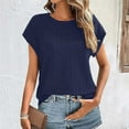thumbnail image 2 of Siilsaa Tops for Women Trendy Summer Casual Cap Short Sleeve Basic Textured Solid Color Round Neck T Shirts Blouse Navy,M, 2 of 5
