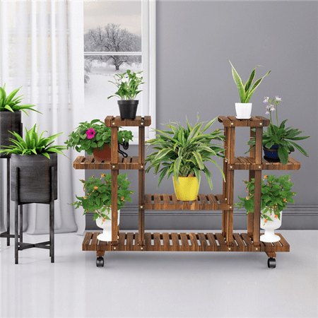 Yaheetech 4-Layer Wooden Flower Stand Rolling Flower Plant Display Stand Shelf Ladder Stand for Living Room Balcony Patio Yard Indoors & Outdoors Ample for 12