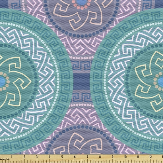 Ethnic Sofa Upholstery Fabric by the Yard, Greek Geometric Circle Along Mediterranean Folk Geometric Effects Cultural Vibes, Decorative Fabric for DIY and Home Accents, Teal and Mauve by Ambesonne