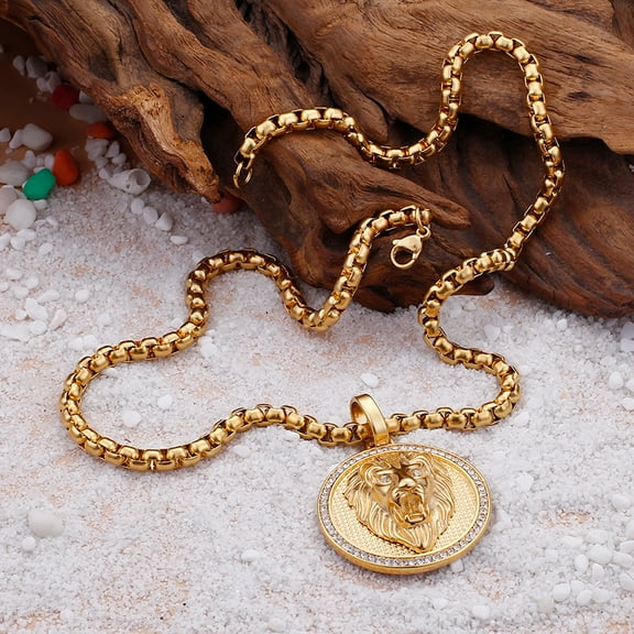 Lions Head Luxury Zircon Round Pendant Hip Hop Collar Chains 14K Yellow Gold Necklace for Men Women Gift Jewel