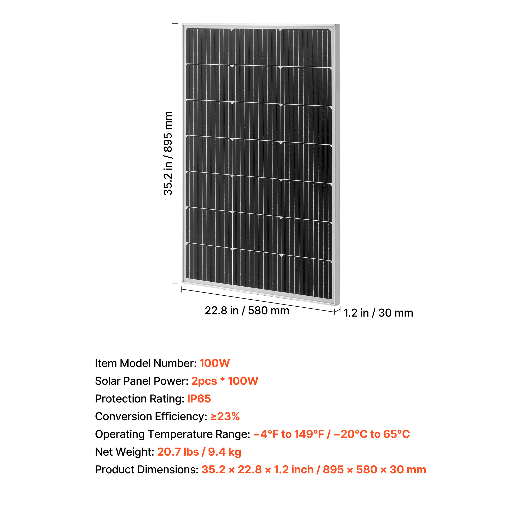 KFFKFF 100W Monocrystalline Solar Panels, IP65 Waterproof Solar Panel, Set of 2
