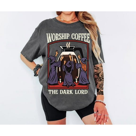 Witch Coffee T-Shirt, Funny Dark Humor Halloween Tee for Women, Gothic Fall Shirt with Witches Worship Design, Spooky Coffee Lover Outfit