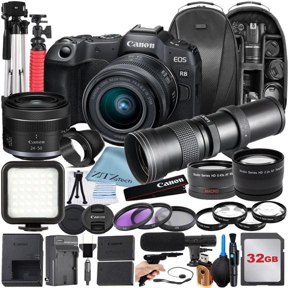 Canon EOS R8 Mirrorless Camera with RF 24-50mm   420-800mm Super Telephoto Zoom Lens   32GB Memory Card   Backpack   Tripod   ZeeTech Accessory Bundle (International Version)