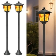 Solar Flame Flickering Lights 2 Pack, 40" Outdoor LED Post Lanterns for Garden, Path, Patio