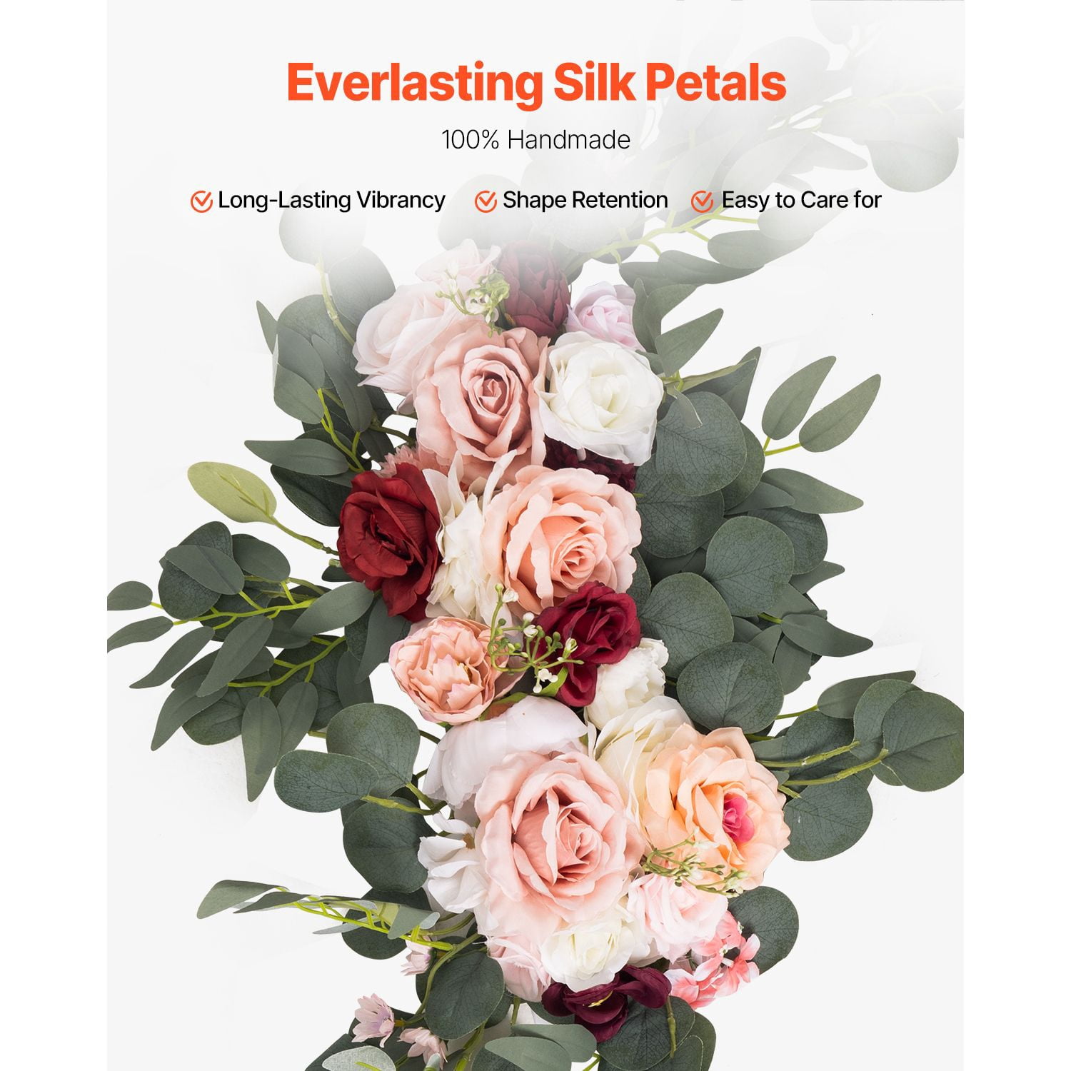 Wedding Arch Flowers Kit, 33ft Drape, 2 Clusters of Handmade Silk Flowers, Gold Foil Trim, Easy Installation, for Wedding Ceremony, Engagement & Party Decor