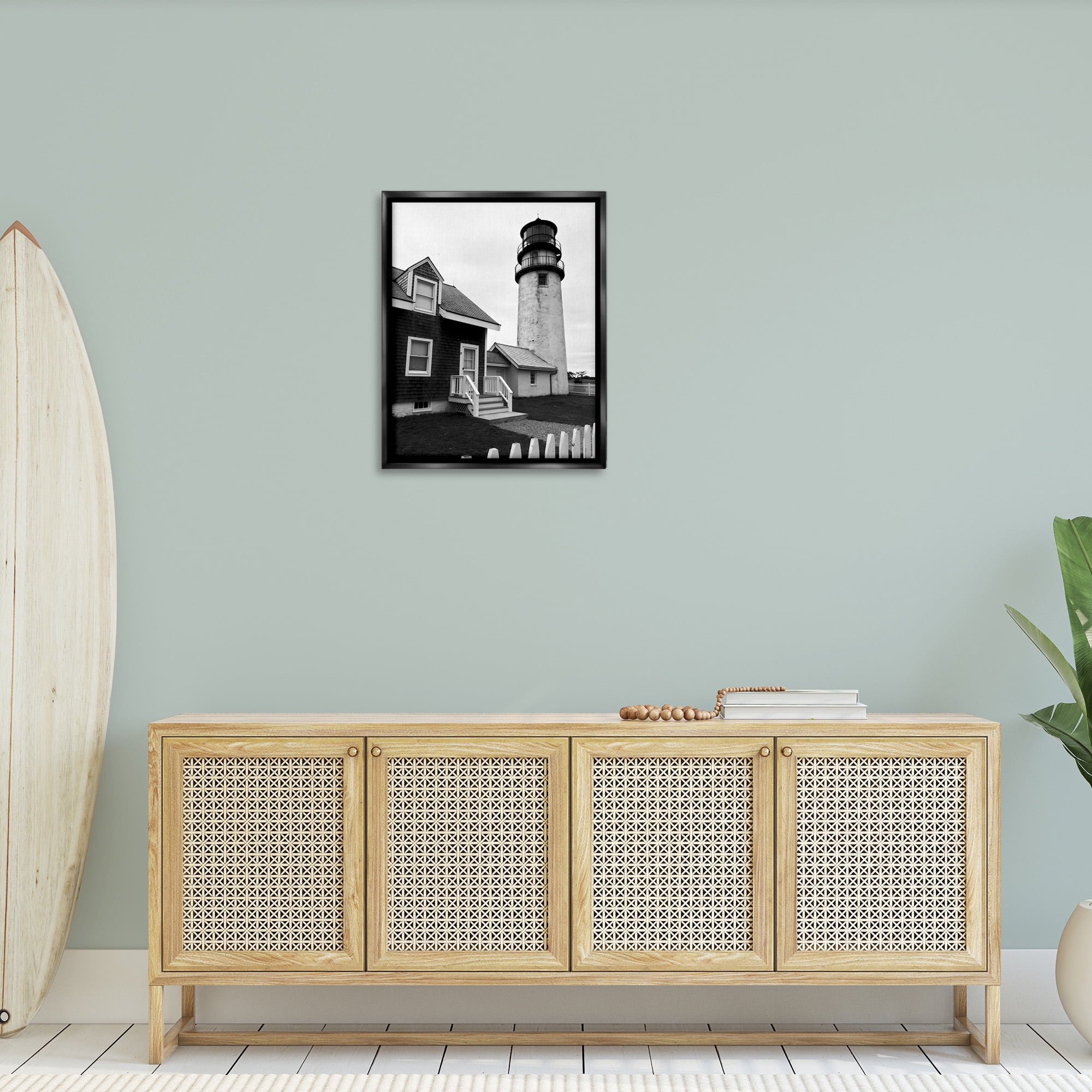 Stupell Industries Coastal Lighthouse with Fence Nature Photography Black Floater Framed Canvas Art Print Wall Art, 25 x 31