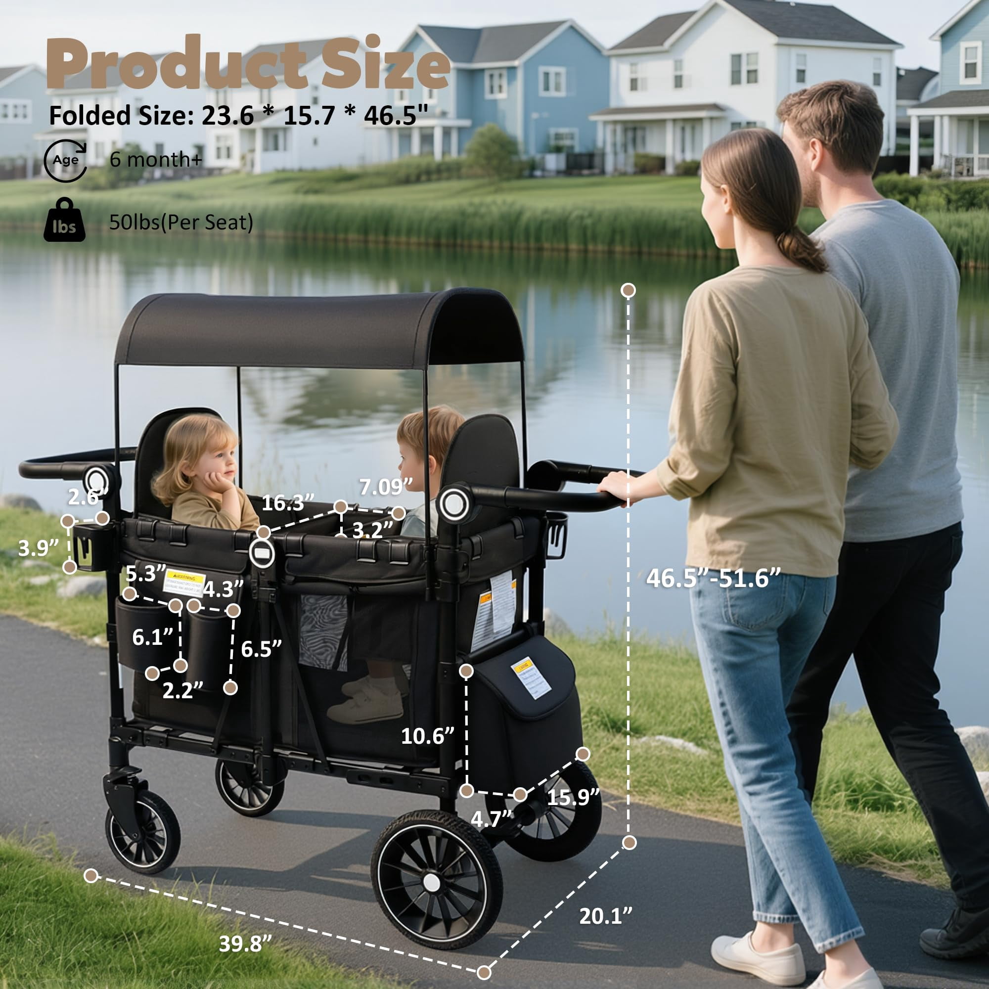 LINLUX 2 Kids Wagon Stroller, Foldable Outdoor 2-Seat Stroller Wagon, Removable Canopy, 55 Pound, Black