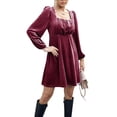 thumbnail image 3 of Franhais Women's Summer Velvet A-Line Dress Solid Color Square-Neck Long Sleeve High Waist Mini Dress, 3 of 9