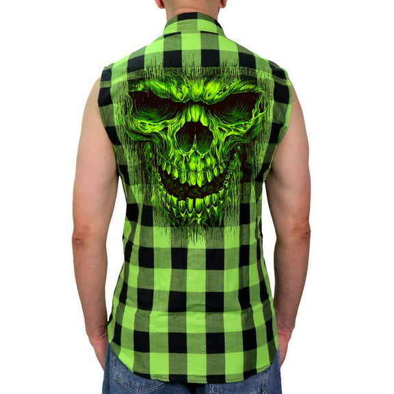 Hot Leathers GMS3492 Men’s Black and Green Shredder Skull Sleeveles Flannel Shirt 3X-Large