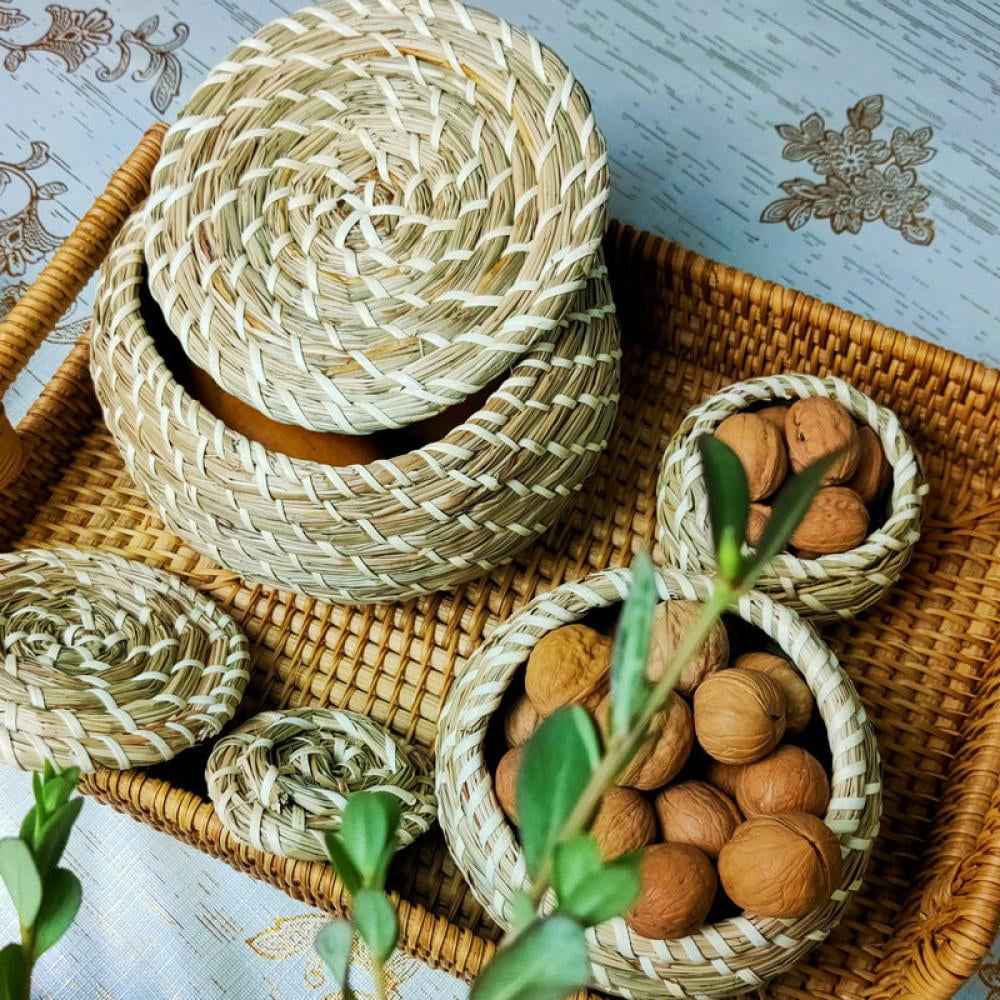 Set of 3 Straw Hand Woven Storage Baskets with Lids Round  Box Desktop Storage Basket Bathroom Desktop Kitchen Toy Storage Bin