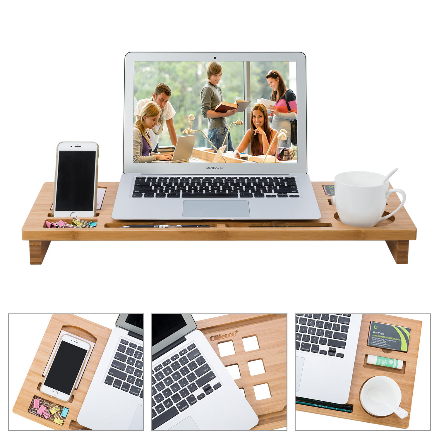 Monitor and Bamboo Natural Riser,Monitor Computer Air Stand Design Vents Desk Organizer Storage Allieroo with
