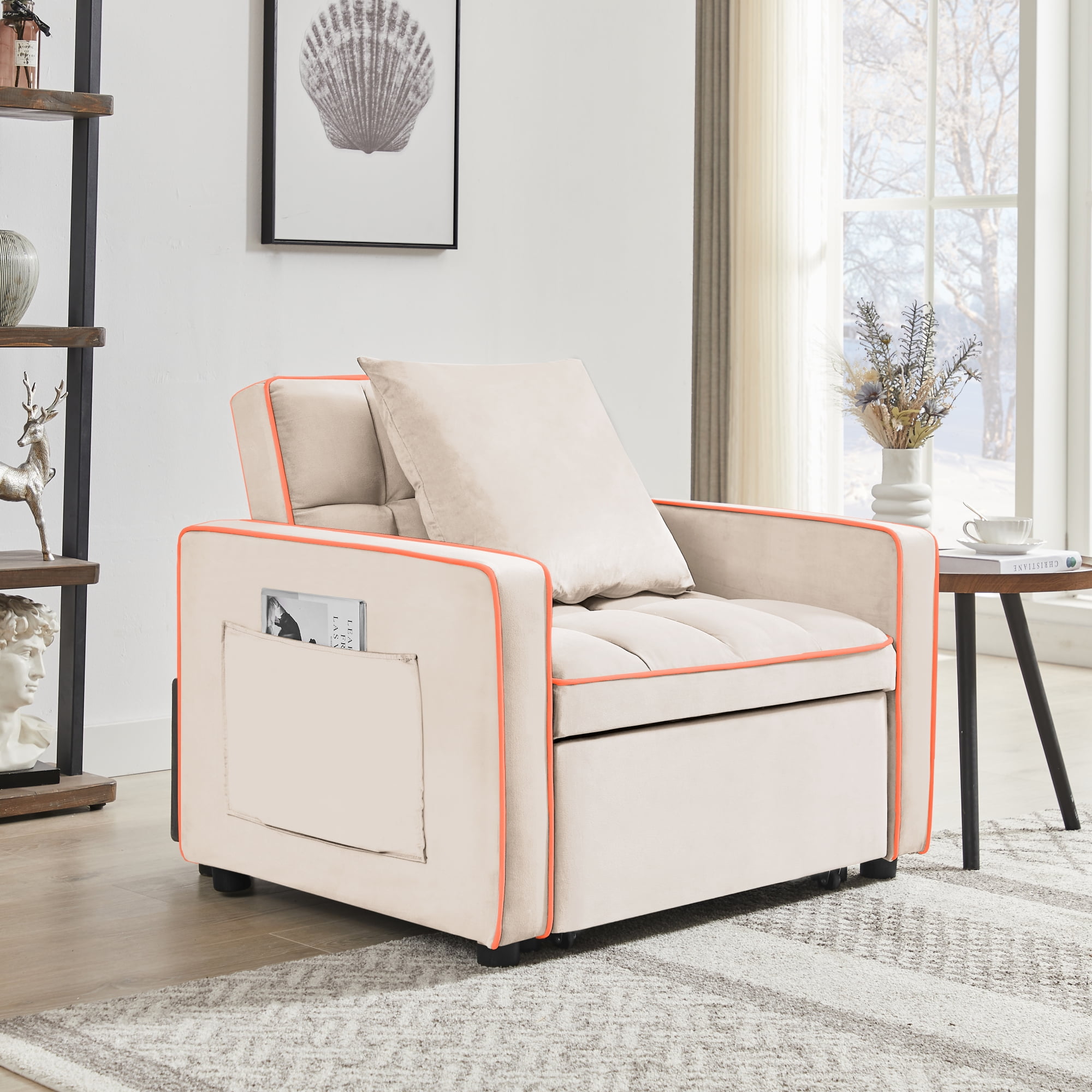 Jopath Convertible Sofa Chair Bed,3-in-1 Sleeper Sofa with Pull-Out Bed,Modern Velvet Single Sofa Chair with Reclining Backrest and Wide Armrest for Living Room Small Space,Beige