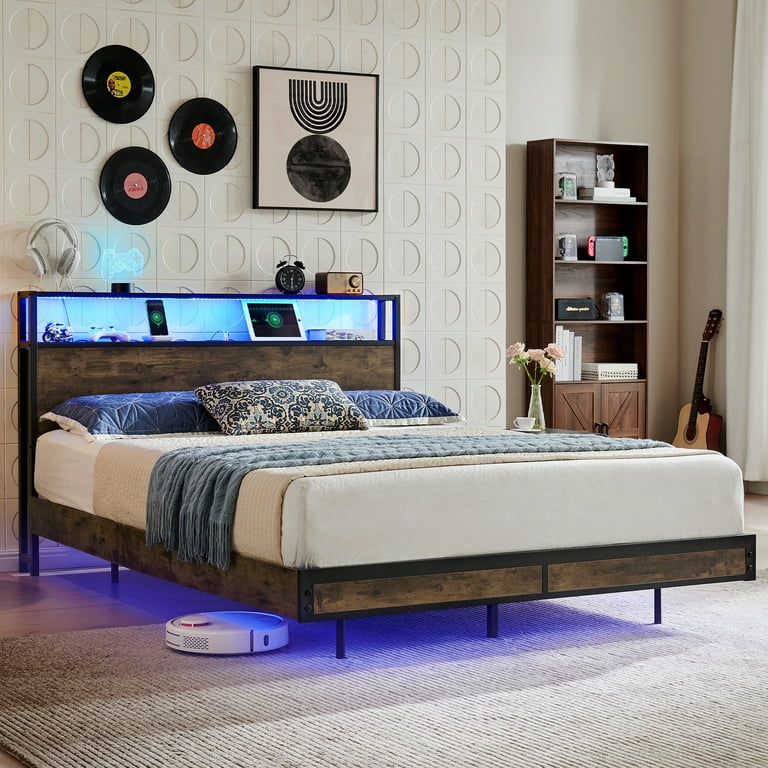 Sailvan Full Size Bed Frame with LED Lights & USB Charging, Brown photo 6