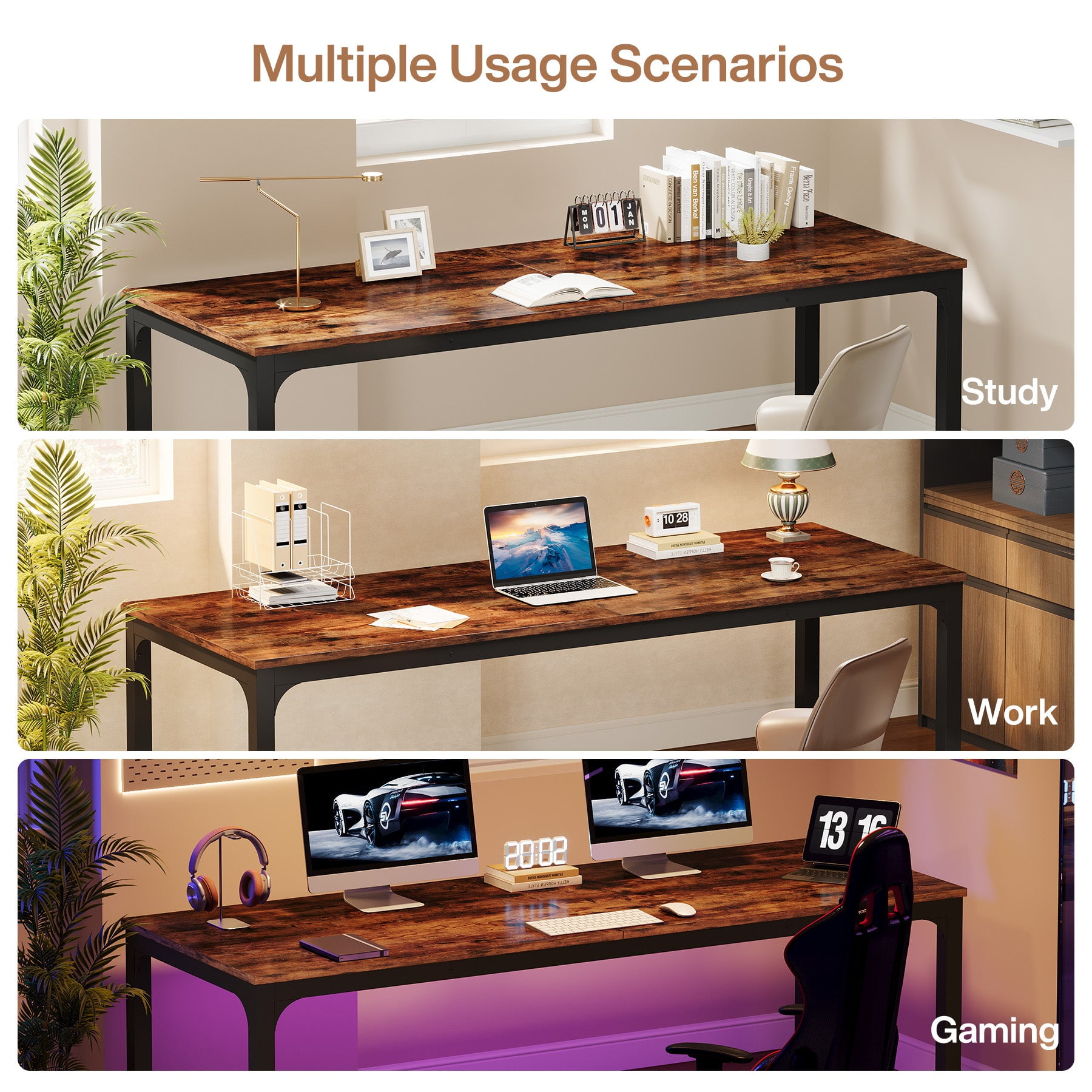 Fnova 78.7" Modern Computer Desk with Wood Desktop, Metal Frame Office Desk, Rustic Brown
