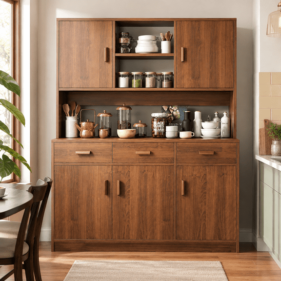 Zocalo Alacena de Cocina Grande con Cajones y Puertas, Gabinete de Almacenamiento Multifuncional de Madera, Organizador para Despensa, Comedor y Cocina, Color Café