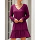 thumbnail image 2 of Vestido con cuello en V Color puro Manga larga Volantes Suelto Vestido casual de mujer para vacaciones Club Fecha Trabajo Vacaciones Rosa Rojo M, 2 of 6