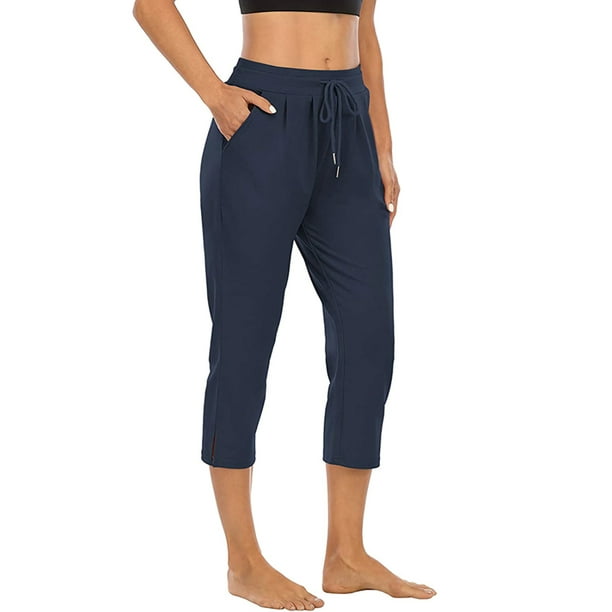 Fashnice Women Leggings Drawstring Yoga Pants Capri Bottoms Calf-length  Fitness Trousers Navy Blue S