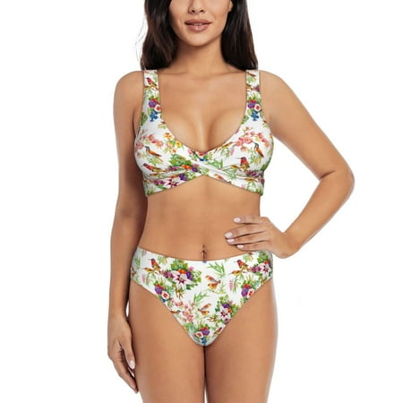 Zeuib Wild Exotic Birds And Flowers High Waisted Tummy Control Bikini Set - Knot Front Push Up Top & Cheeky Thong Bottom  Two-Piece Swimsuit for Women-Small